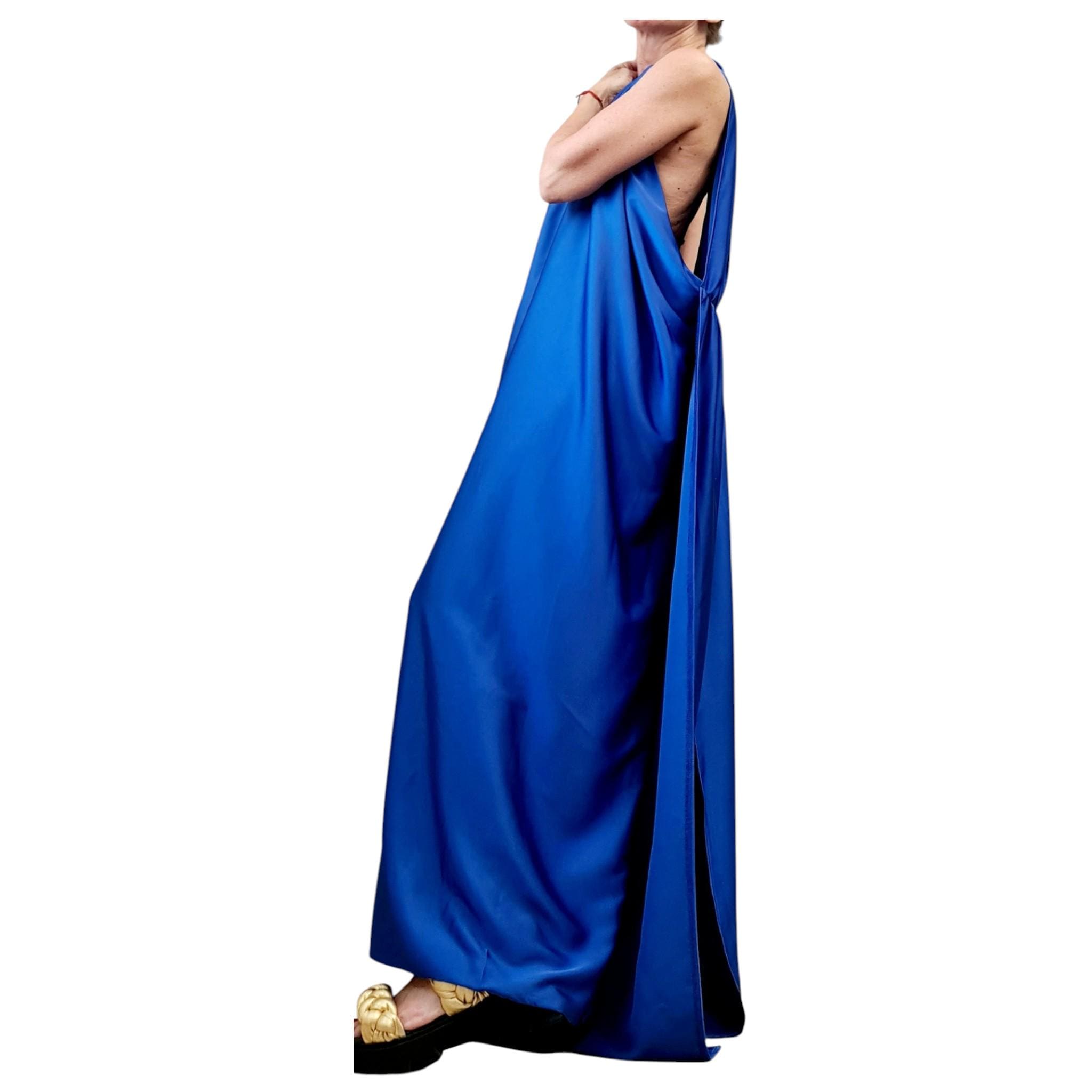 Royal Blue Draped Maxi Dress – Avant-Garde Open Back Grecian Gown