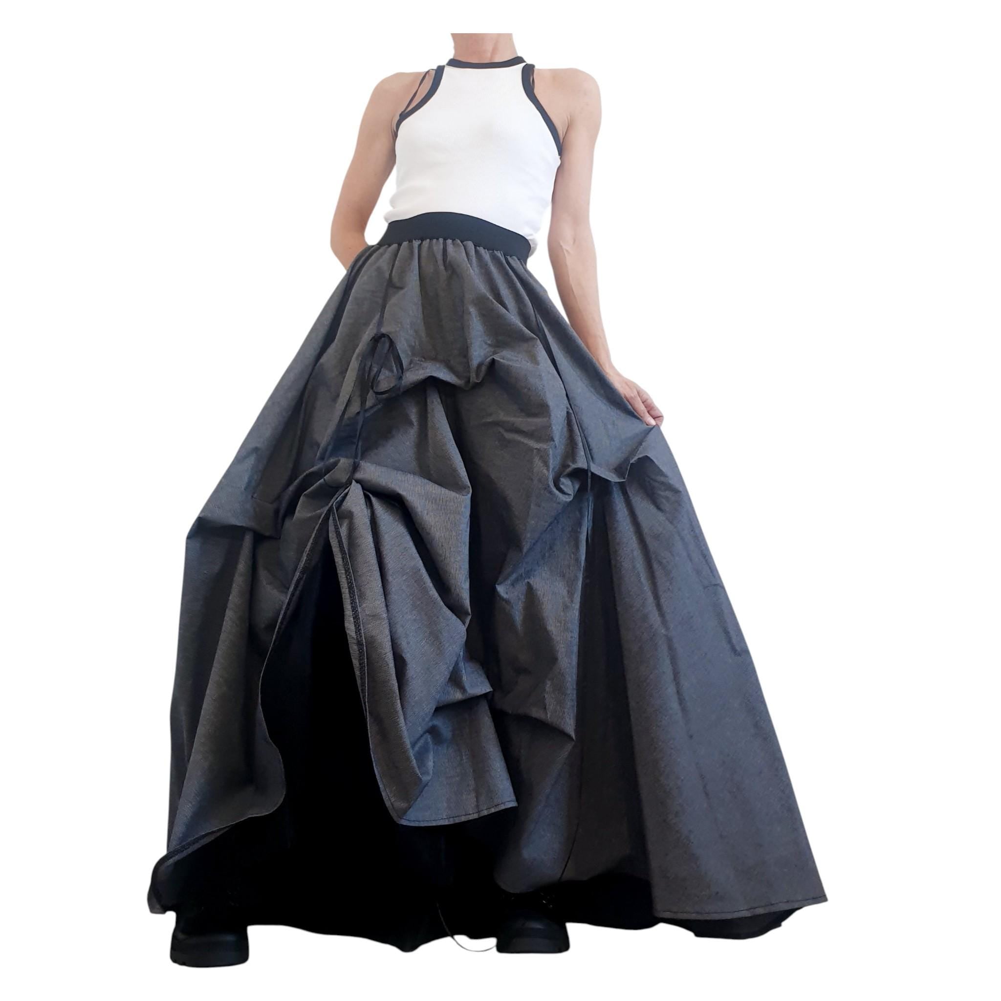 Dark Grey Cotton Sateen Maxi Skirt Dress, Adjustable Drawstrings, Layered Tulle, Convertible Design