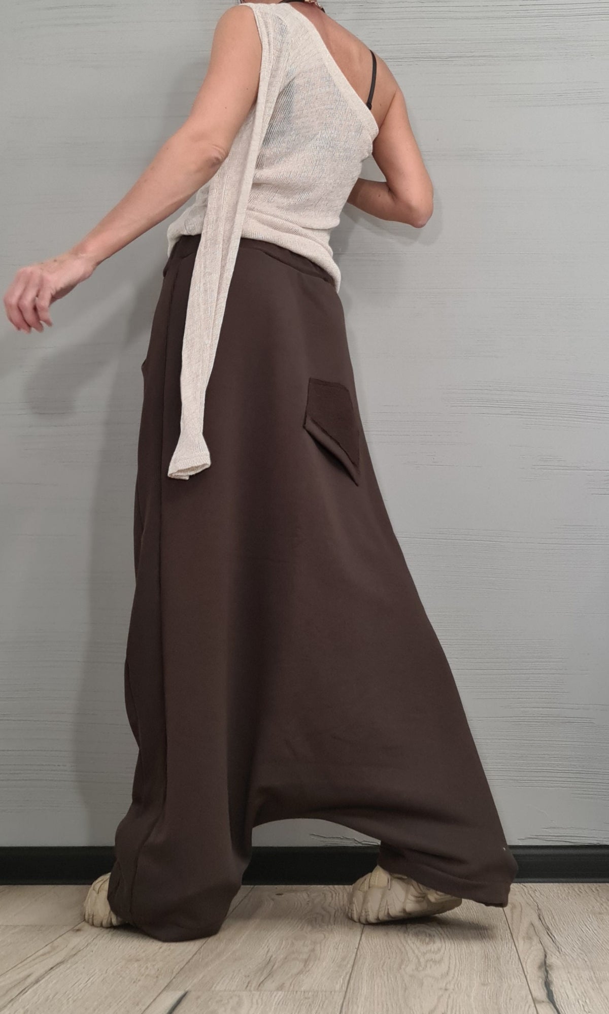 Brown Harem Skirt Pants, French Terry, Wide Leg Trousers