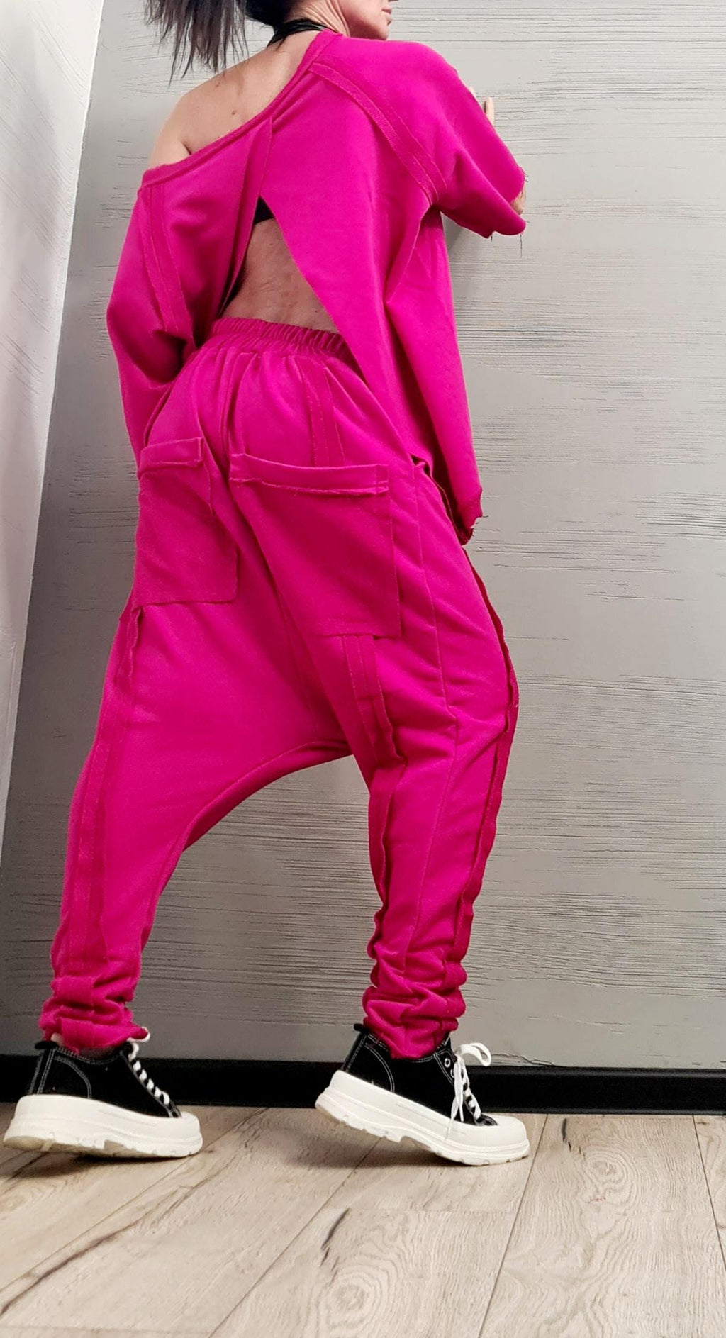 Baby Pink Cotton Co-Ord Set, Open Back Short Sleeve Blouse, Harem Pants