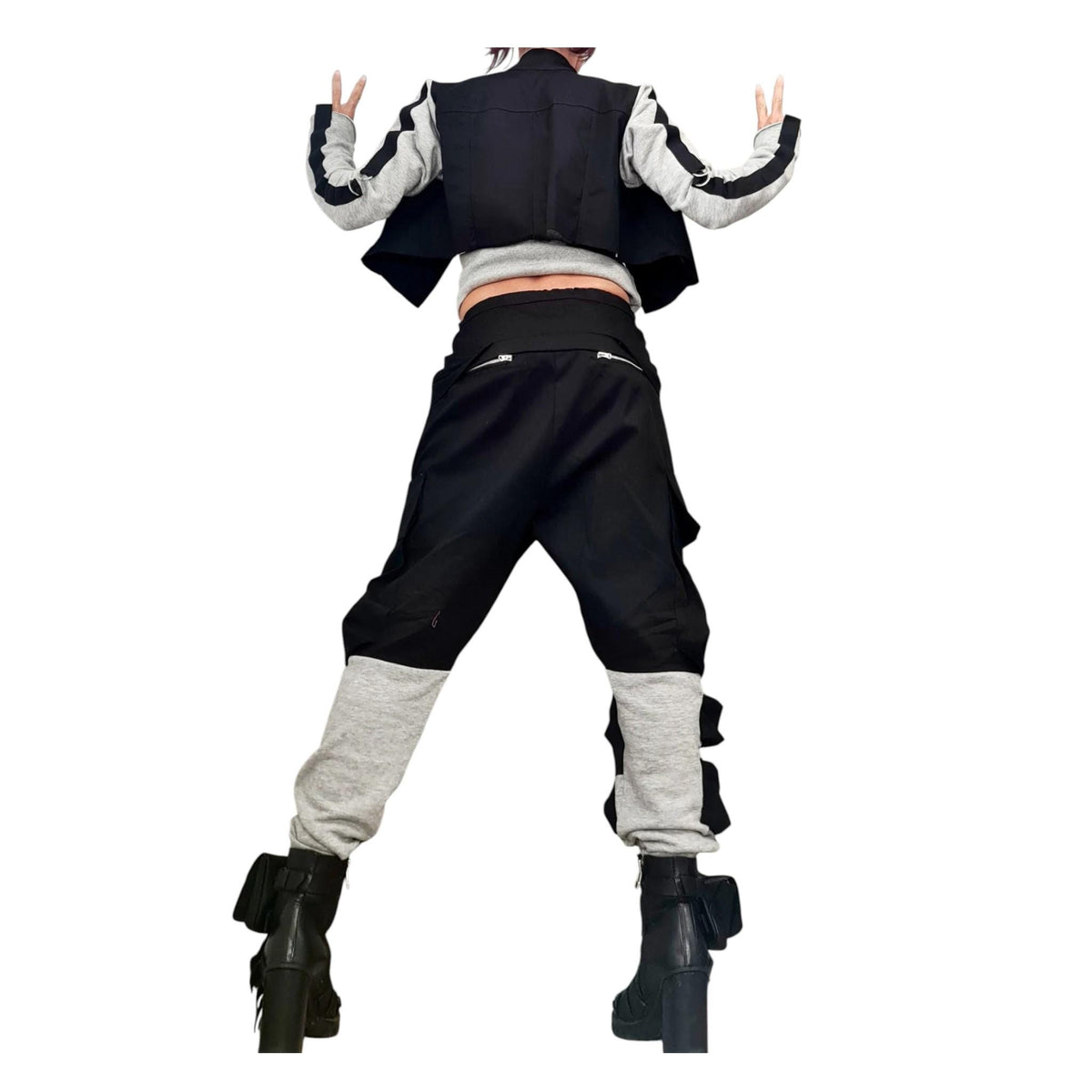 Black Cotton Harem Pants, Asymmetrical Jacket with Grey French Terry Sleeves, Two-Piece Co-Ord Set