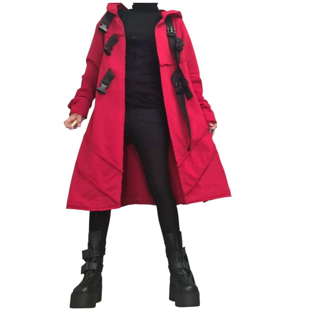Red Hooded Cotton Coat, Long Plus Size Jacket, Black Buckle Strap Details