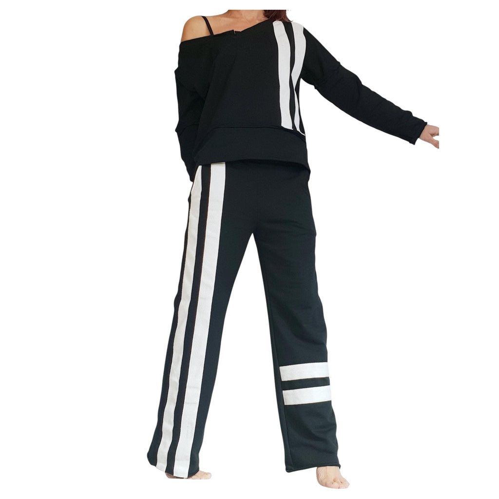 Black Cotton Blouse, White Side Stripe Pants, Casual Sportswear Co-Ord Set