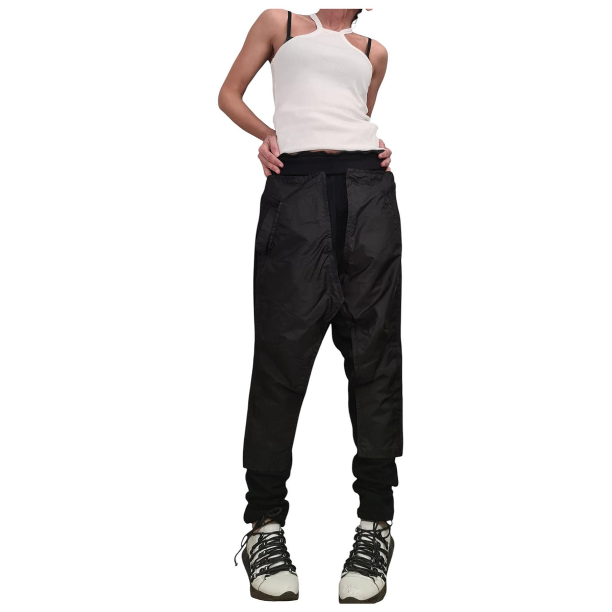 Black French Terry Baggy Harem Pants, Drop Crotch Cargo Trousers