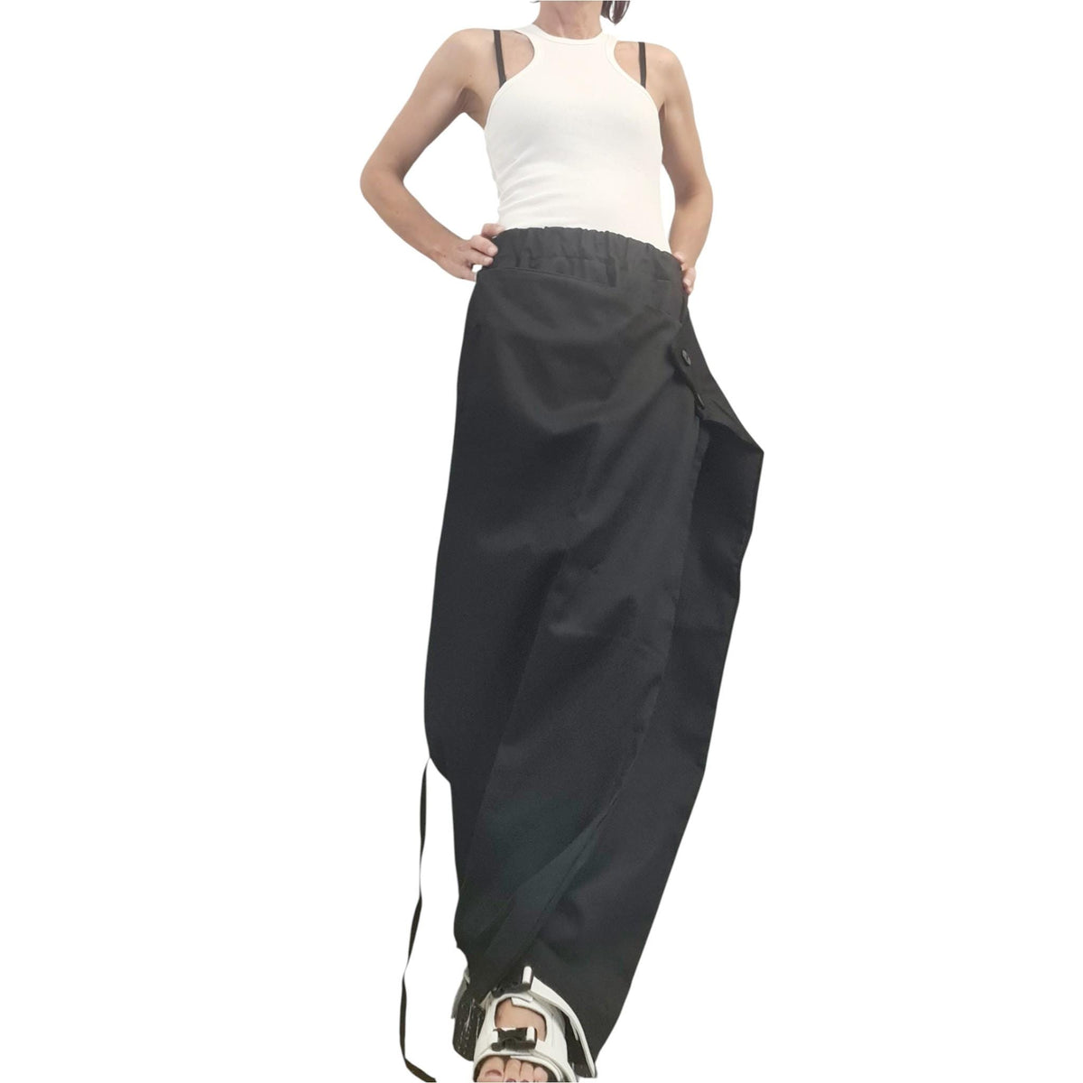 White Asymmetric Harem Pants Skirt, Adjustable Wrap, Drop Crotch Trousers