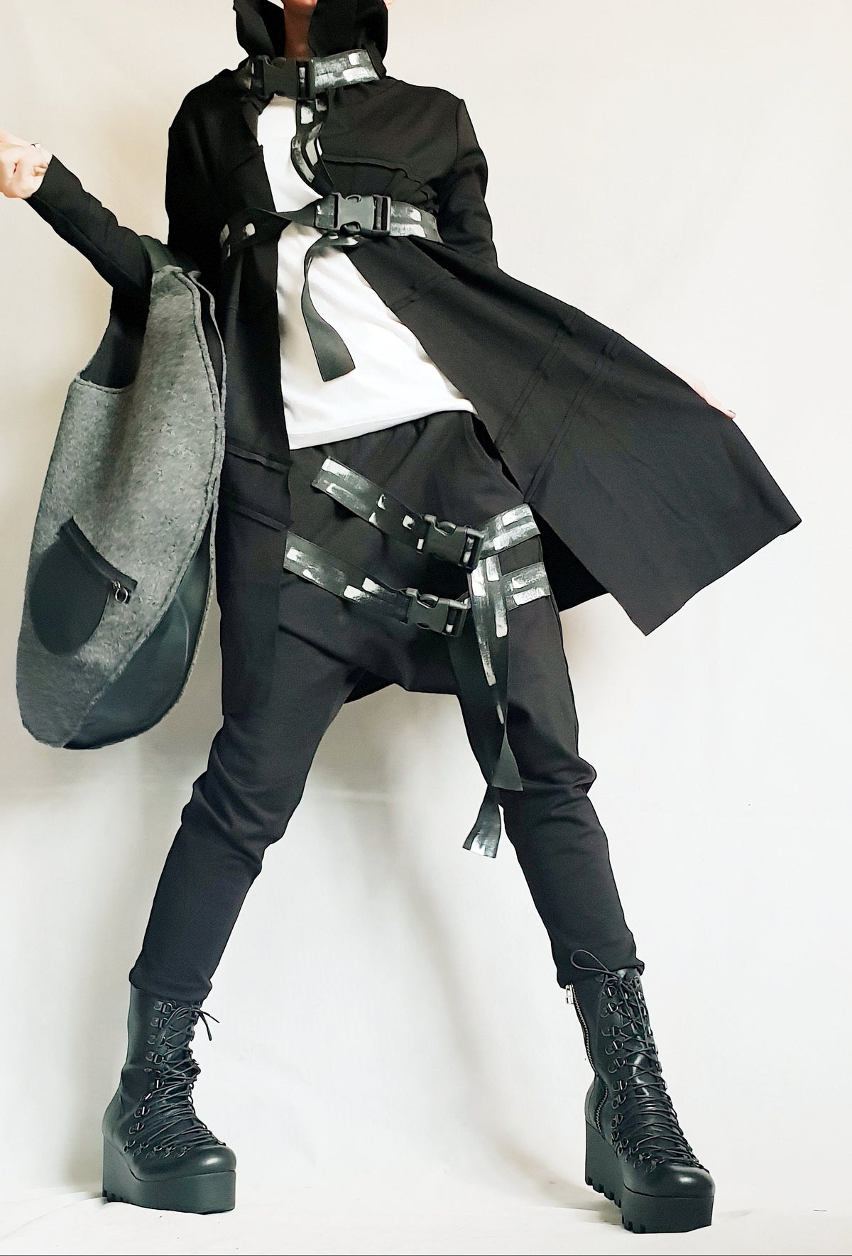 Black French Terry Drop Crotch Harem Pants, Asymmetrical Jacket with Decorative Straps, Co-Ord Set