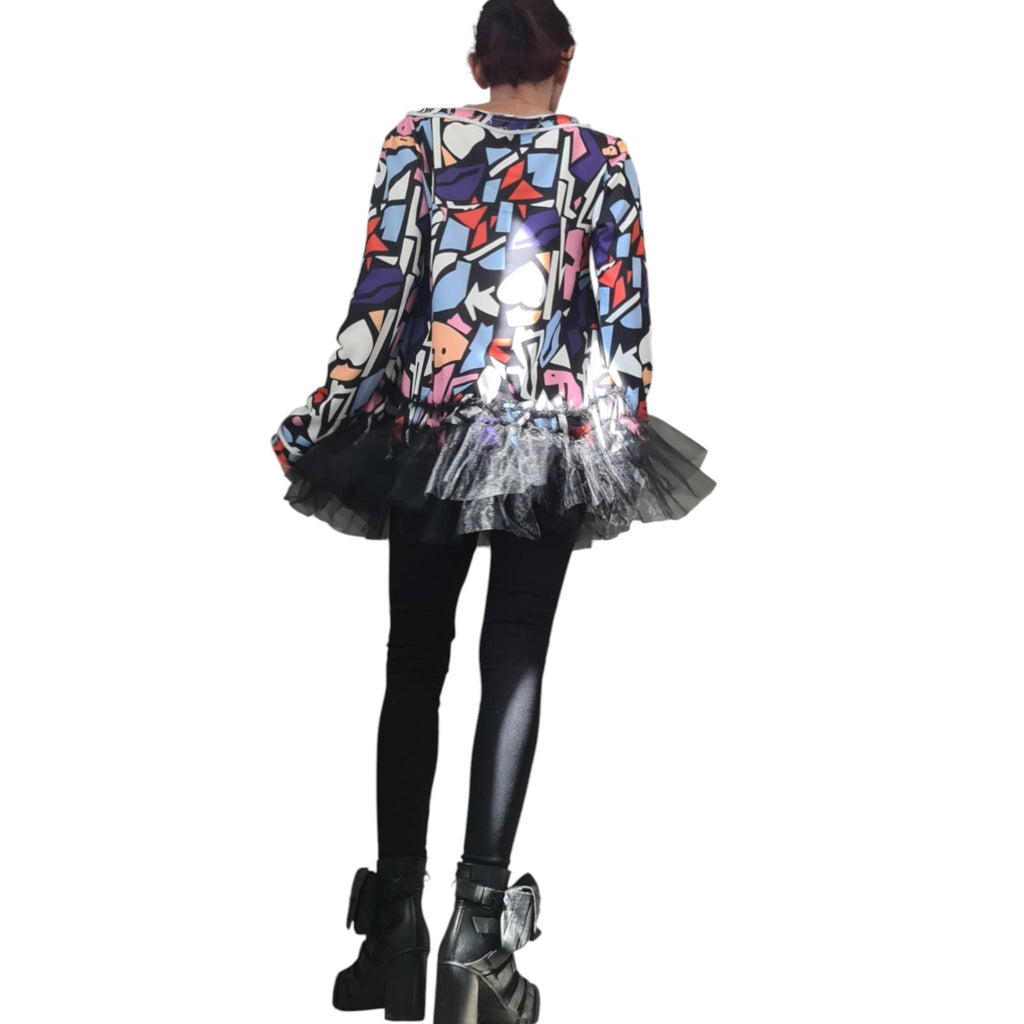 Avant Garde Tunic Blouse, Printed Tulle Top, Extravagant Design, Long Sleeve