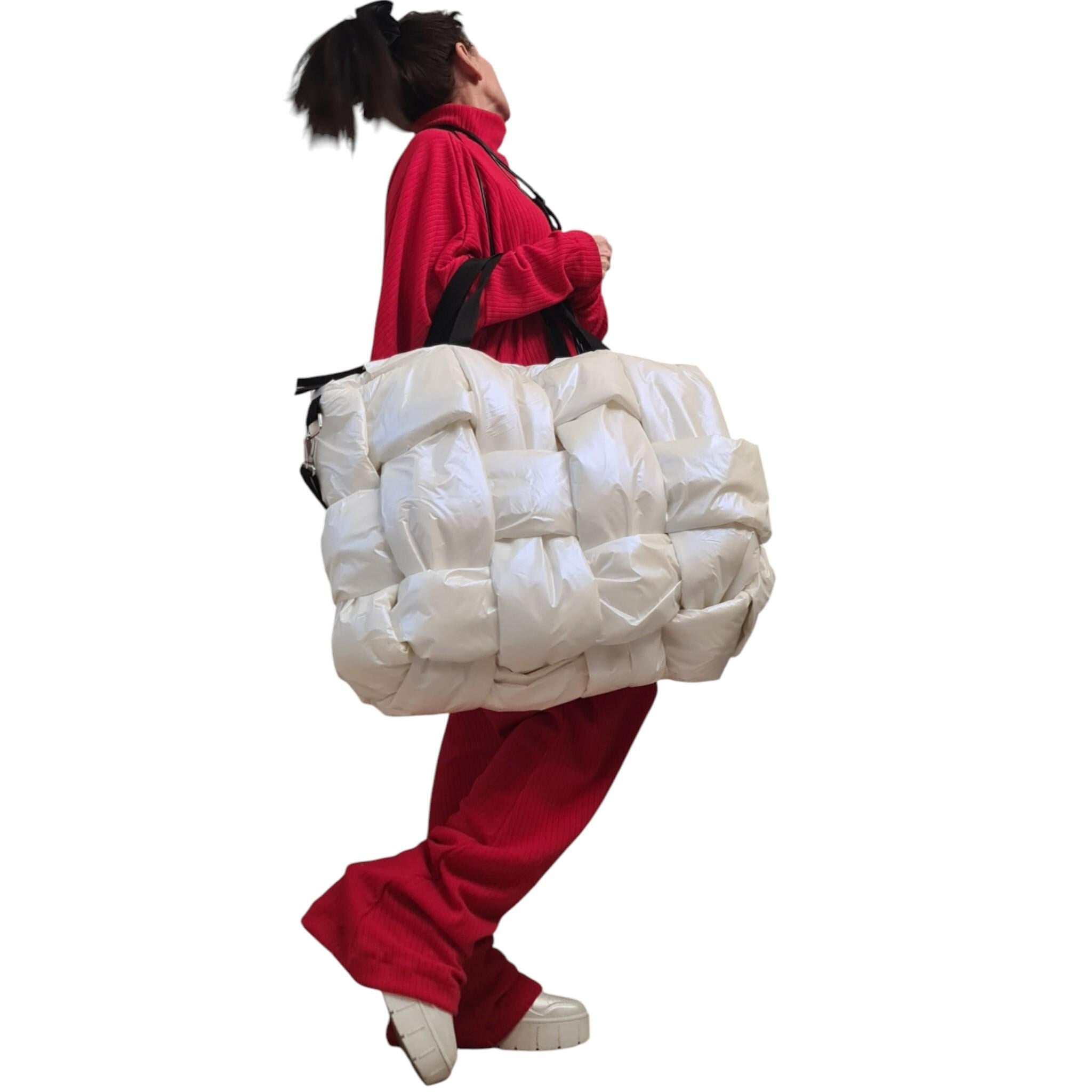 White Pearl Puffer Tote Bag | Woven Oversize Design | women’s clothing | statement