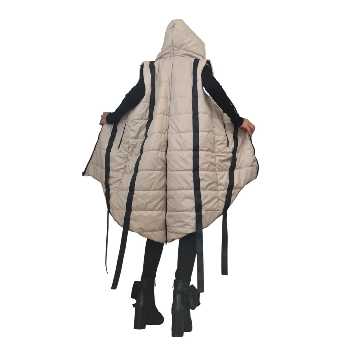 Beige Oversized Hooded Puffer Vest, Asymmetrical Quilted Sleeveless Winter Coat, Black Trim