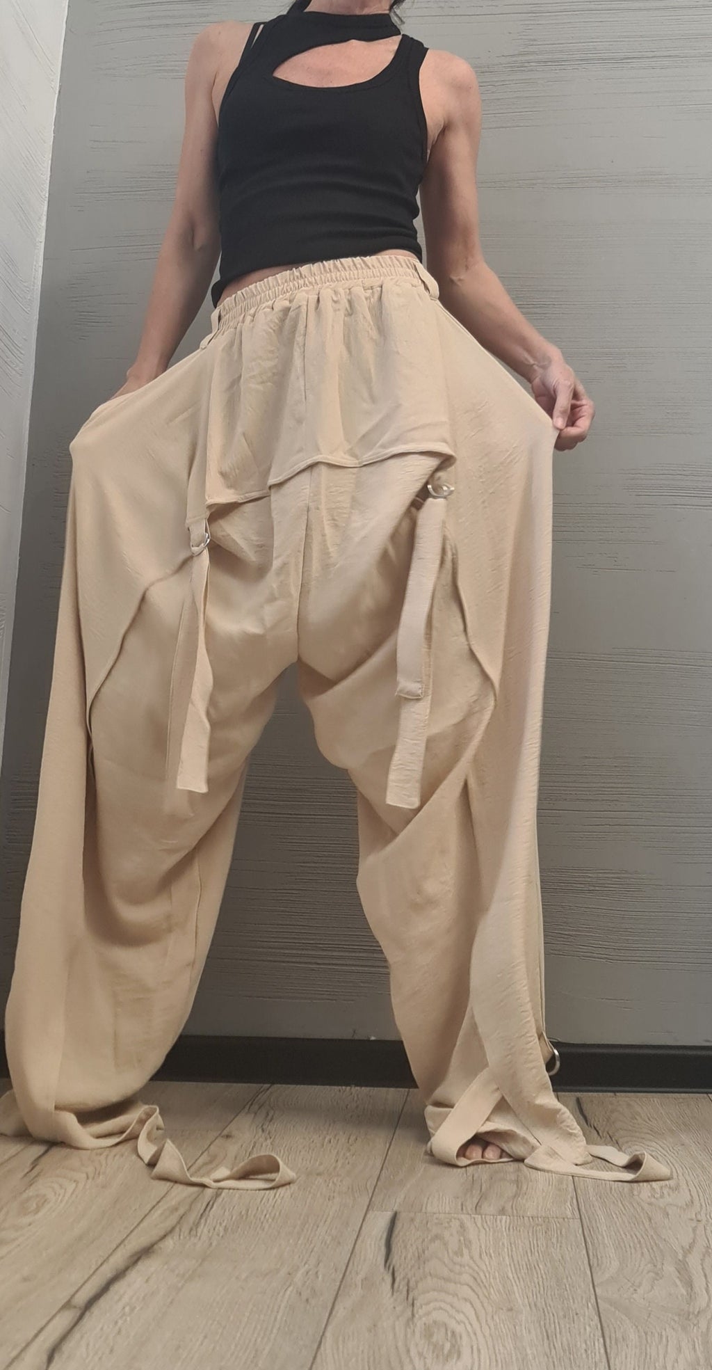 Beige Harem Trousers, Strap and Ring Detail, Drop Crotch
