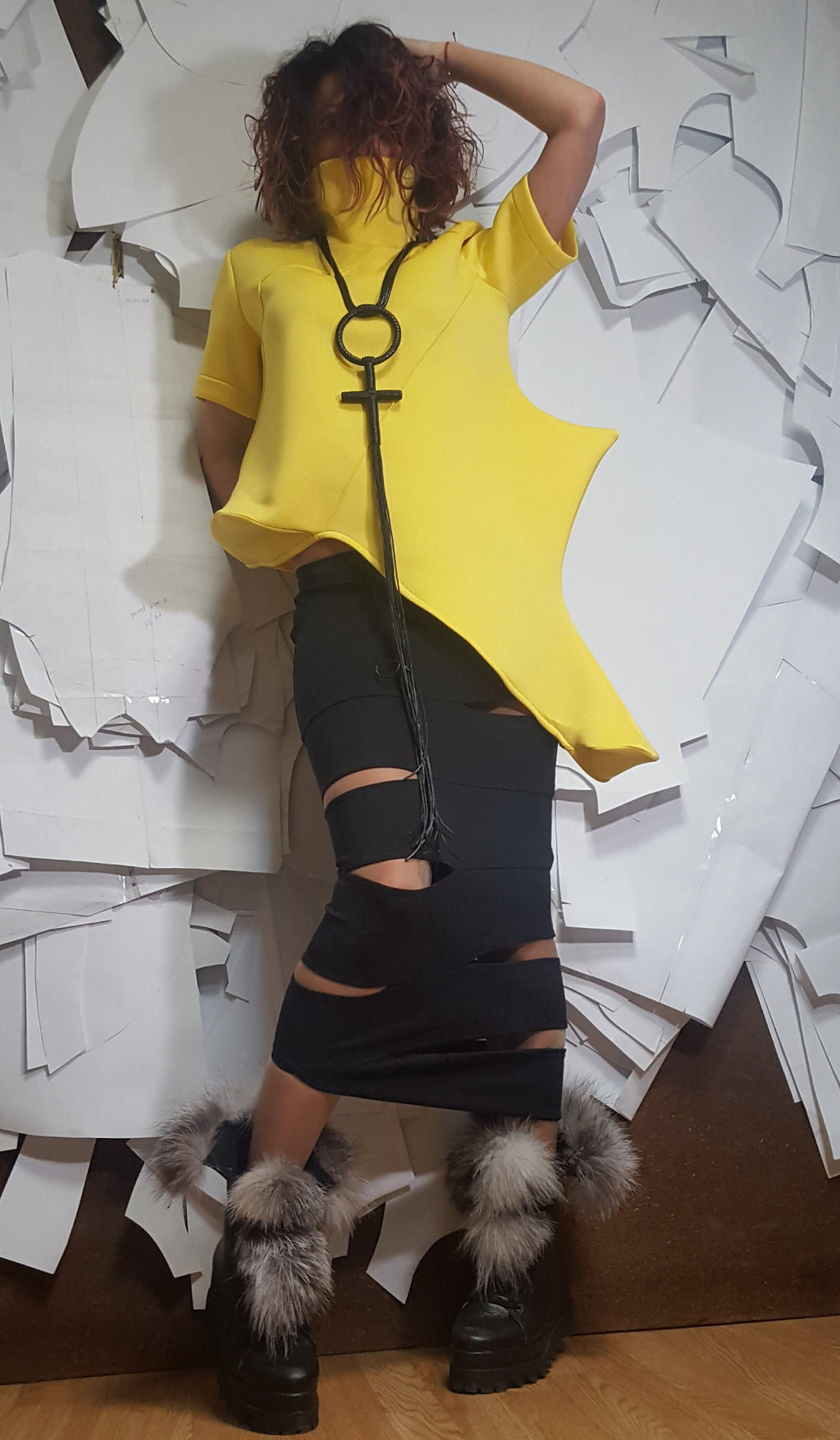 Yellow Neoprene Tunic Top | Asymmetric Sculptural Hem with Short Sleeves | fashion for women | architectural