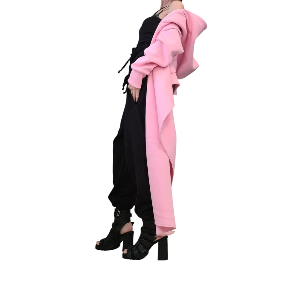 Pink Oversized Hoodie, Asymmetric Longline Sweatshirt, Plus Size Wraparound