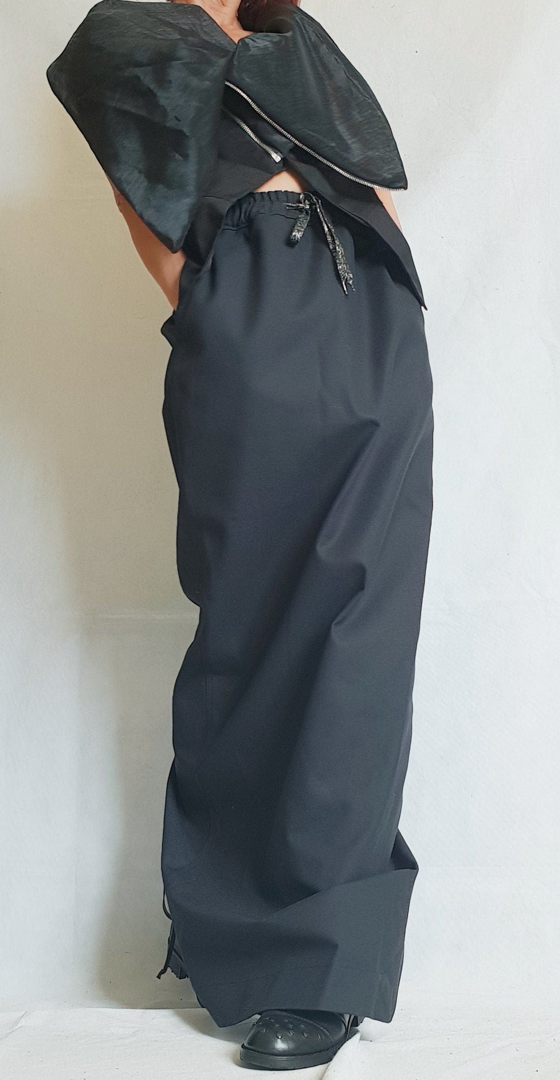 Black Asymmetrical Vest, Sleeveless Fitted Top with Chiffon Collar Detail, Diagonal Zip