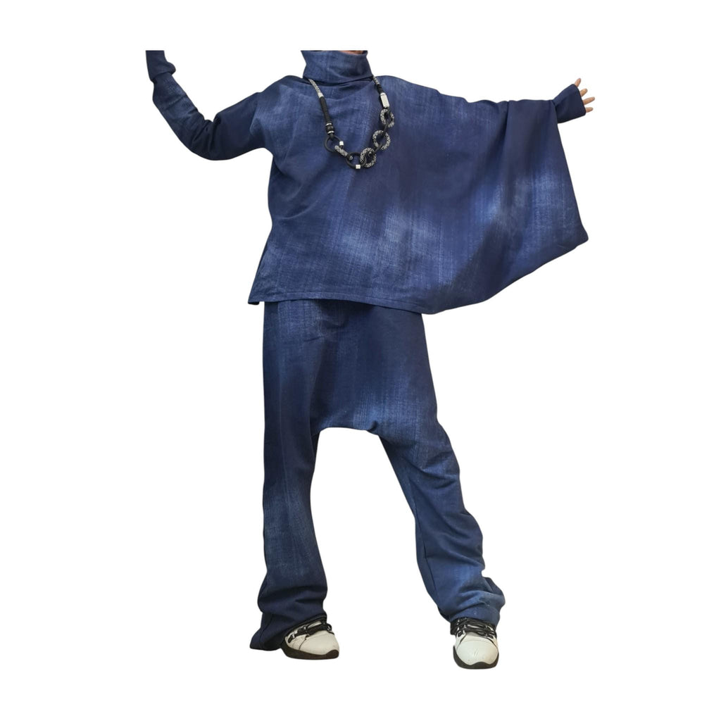 Plus Size Outfit Women, symmetric Sleeve Blouse, Harem Pants, Denim Look Cotton Fabric