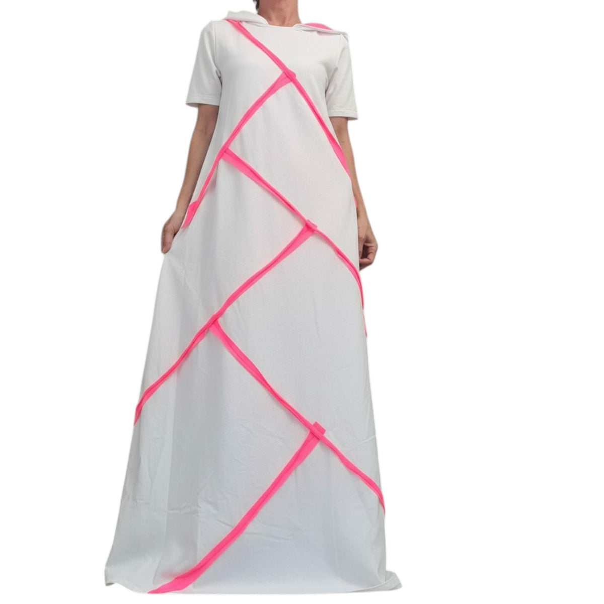 White Hooded Cotton Maxi Dress, Asymmetrical Neon Stripes, Loose Fit, Short sleeve, Plus Size