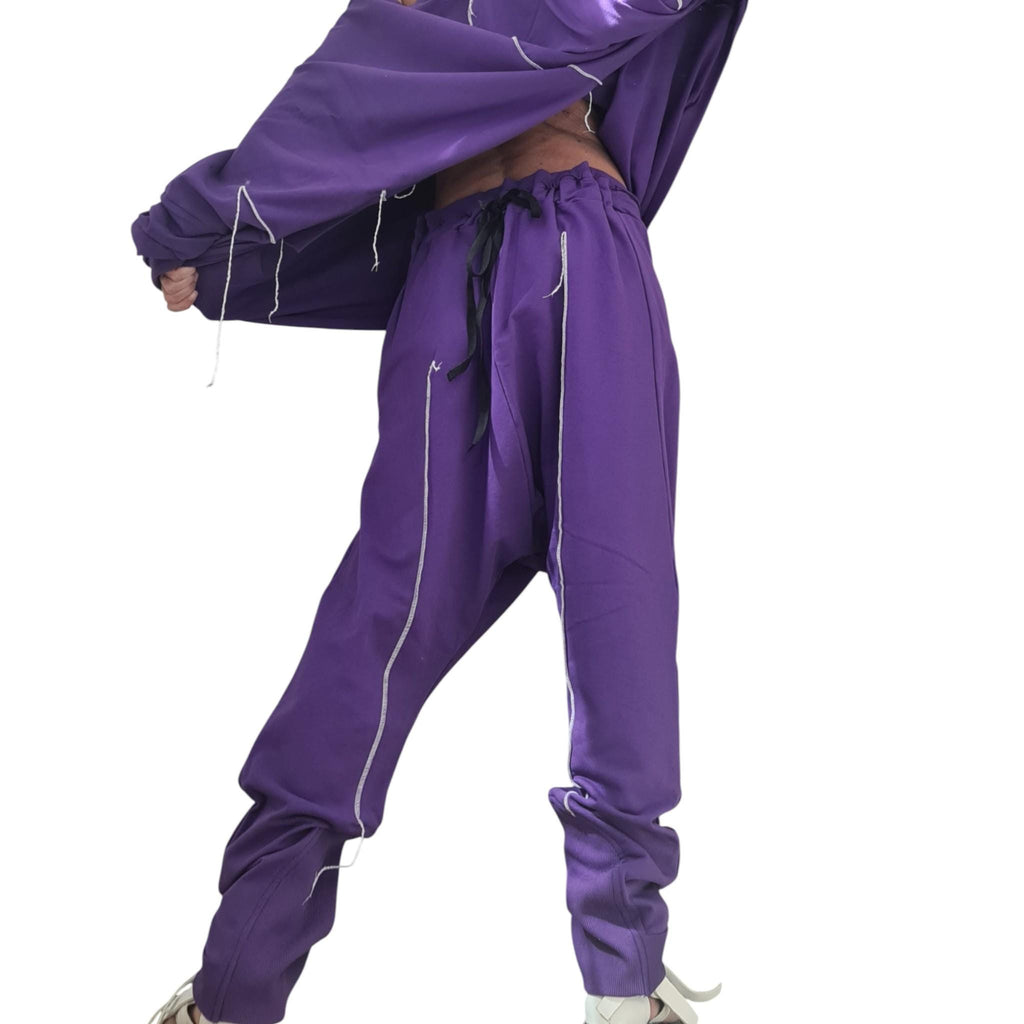 Purple Cotton Co-Ord Set, Harem Pants, Asymmetrical Blouse, Raw Edges, Contrast Seams