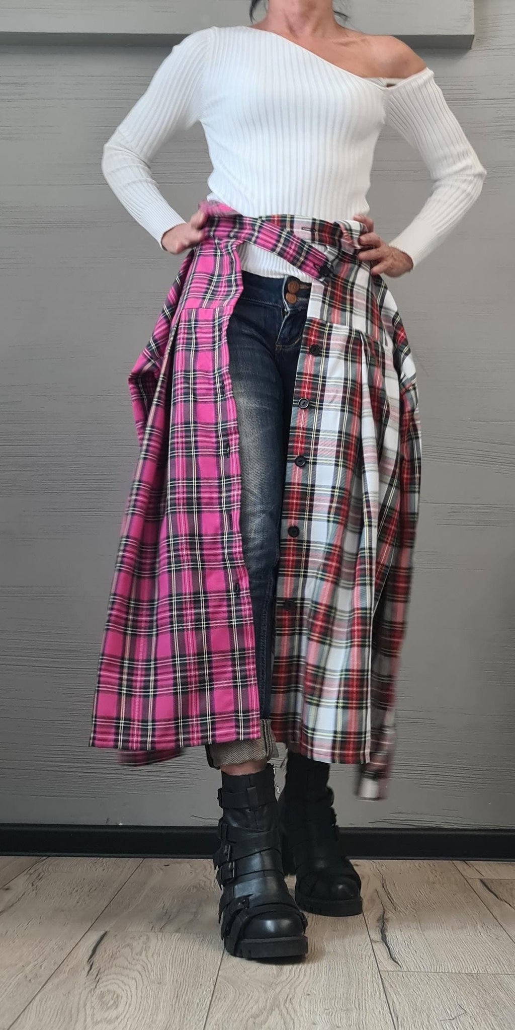 Deconstructed Plaid Cotton Tunic, Asymmetric Avant Garde Shirt, Women’s Clothing