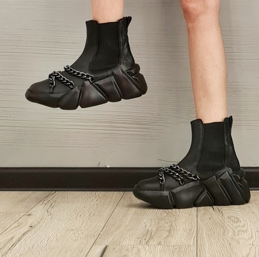 Black Leather Sneakers, Gothic Platform Ankle Shoes, Handmade Women Footwear