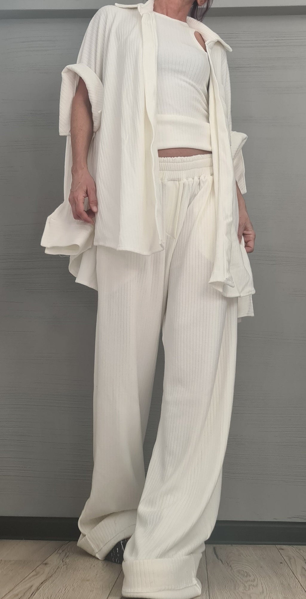 Ivory Cotton Wide Leg Pants, Sleeveless Top, Deconstructed Shirt, Three-Piece Co-Ord Set, Plus Size