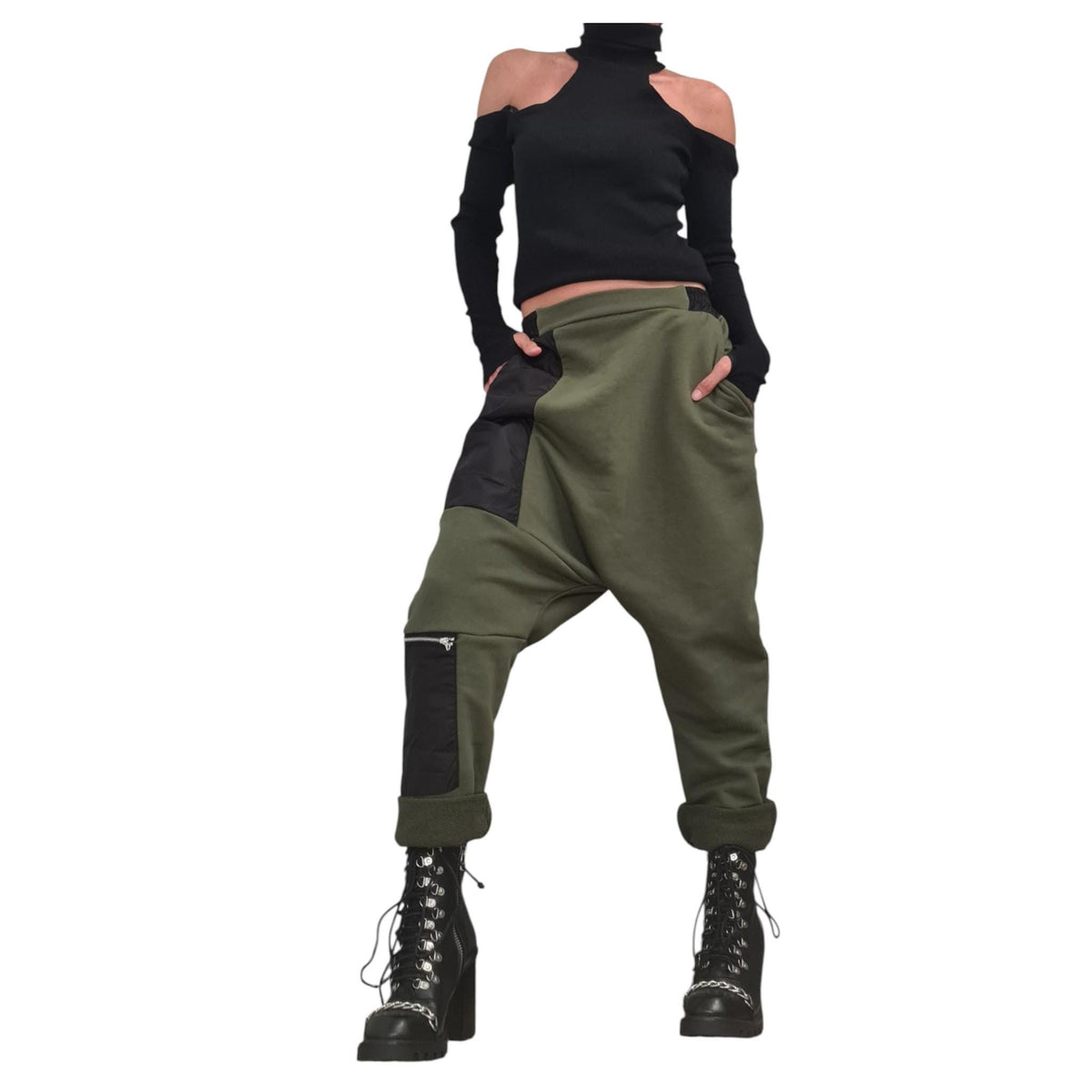 Black and White Trousers, Avant Garde Cotton Harem Pants, Drop Crotch Design