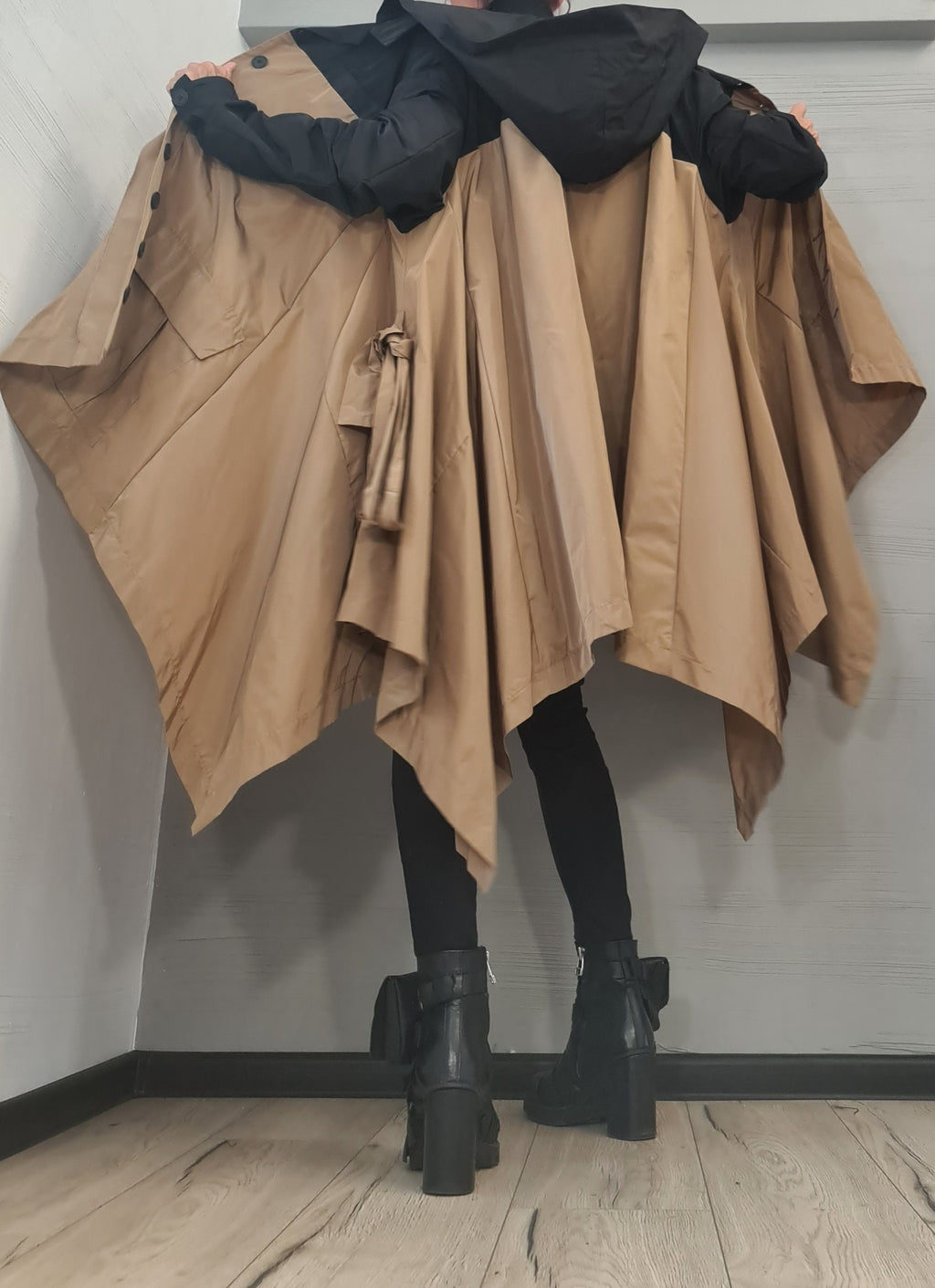 Beige and Black Asymmetrical Hooded Trench Coat, Deconstructed Design, Oversized Patch Pockets
