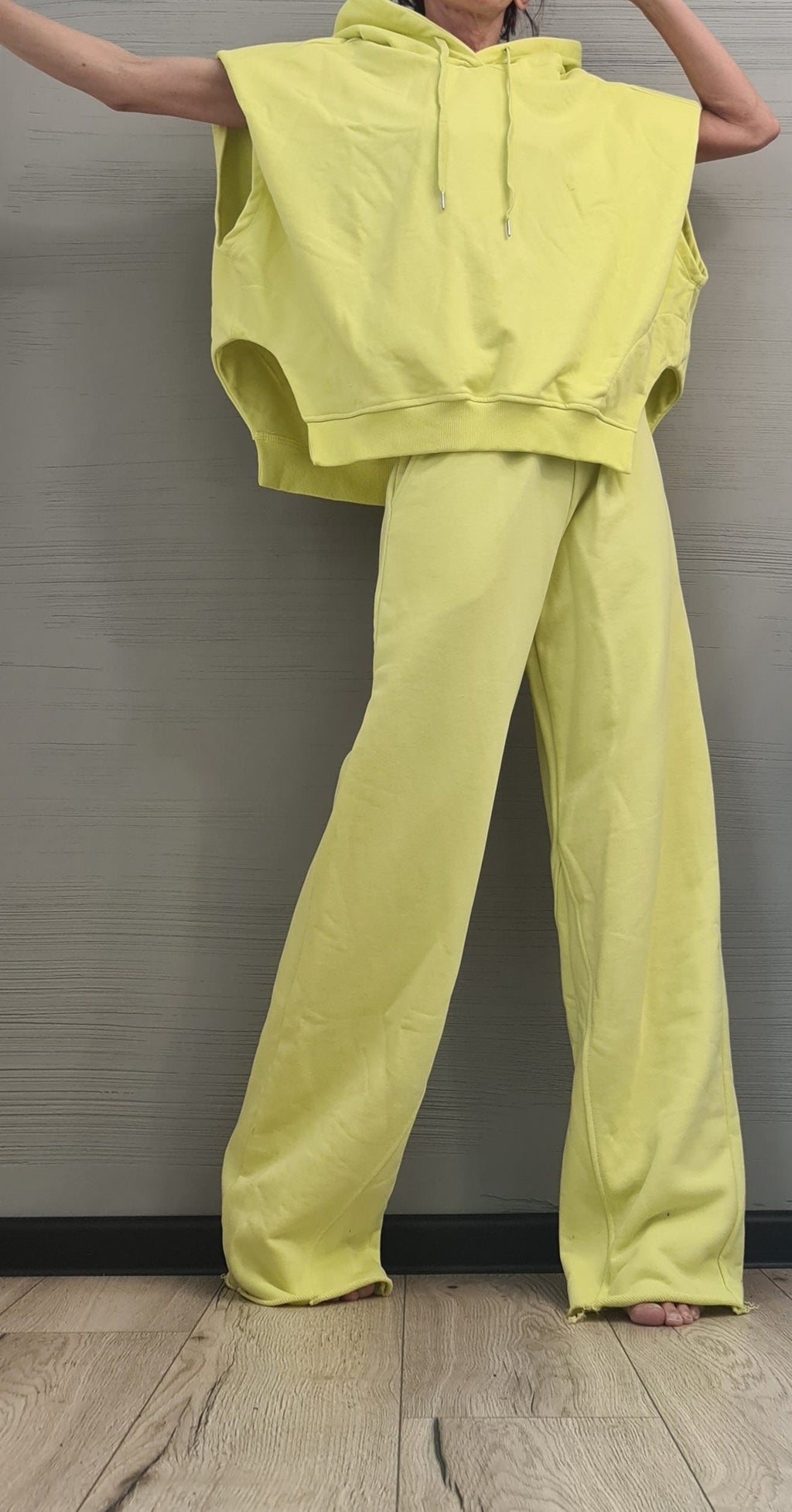 Lime Cotton Wide Leg Pants, Oversized Asymmetrical Hooded Blouse, Loose Fit Two-Piece Co-Ord Set