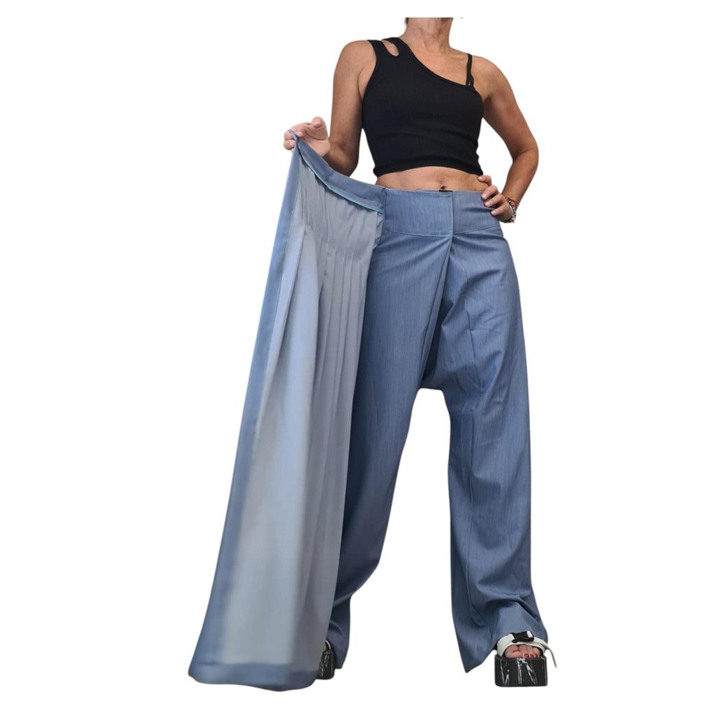 Light Blue Denim Harem Trousers, Wide Leg Pants, Pleated Front Panel, Convertible Skirt Design