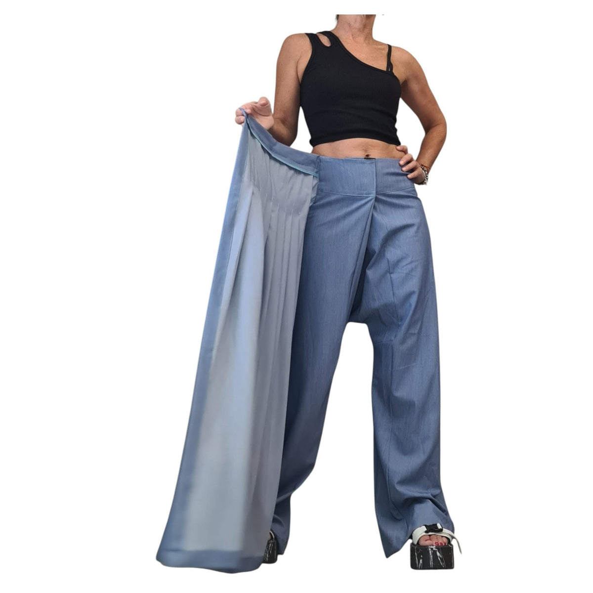 Light Blue Denim Harem Trousers, Wide Leg Pants, Pleated Front Panel, Convertible Skirt Design
