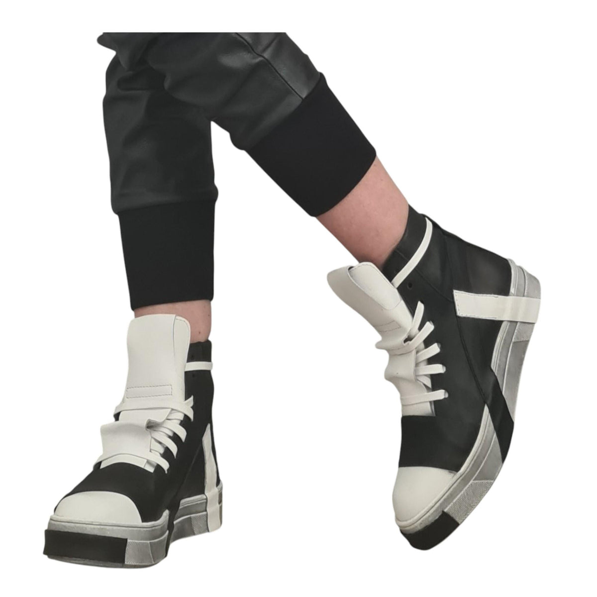 Black White Leather High Top Sneakers, Lace Up Platform Shoes, Handmade Extravagant Footwear