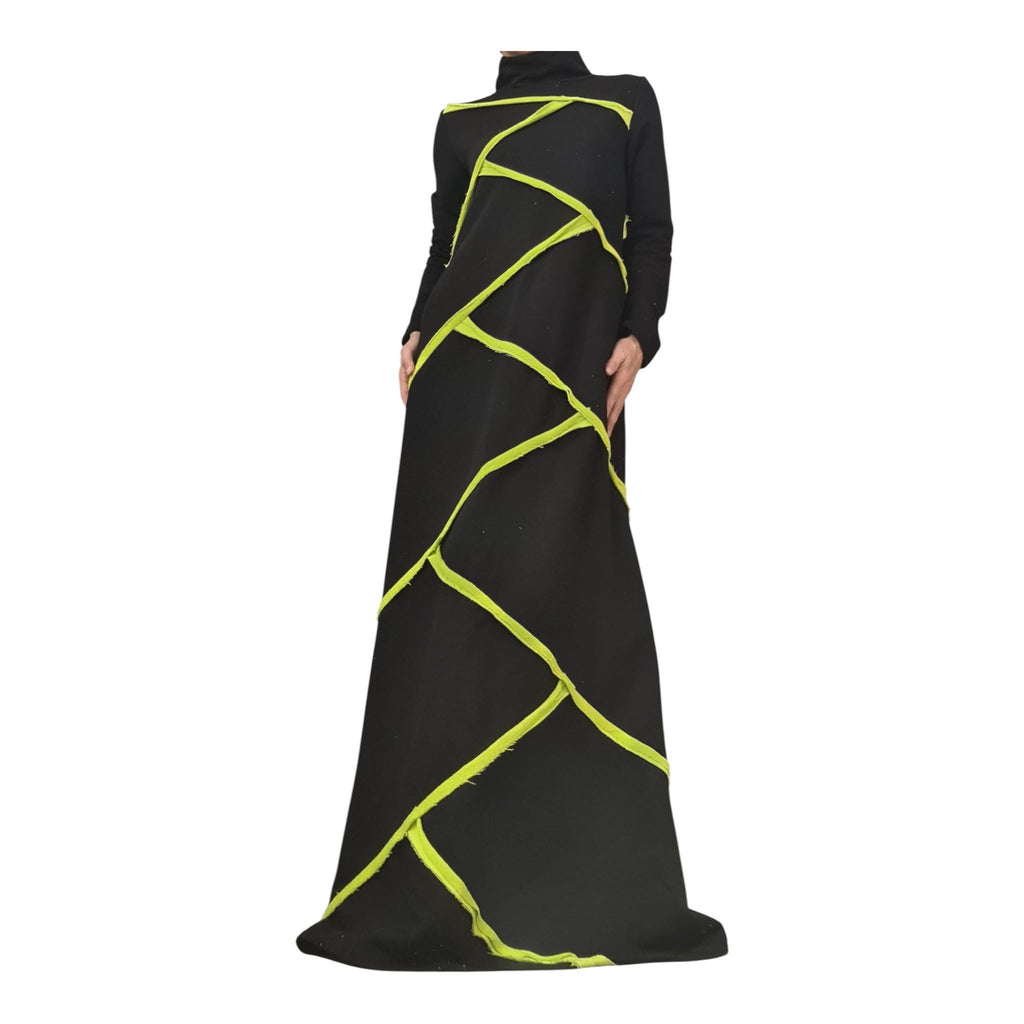 Black Cotton Maxi Dress, Lime Geometric Asymmetric Design, High Neck, Long Sleeve