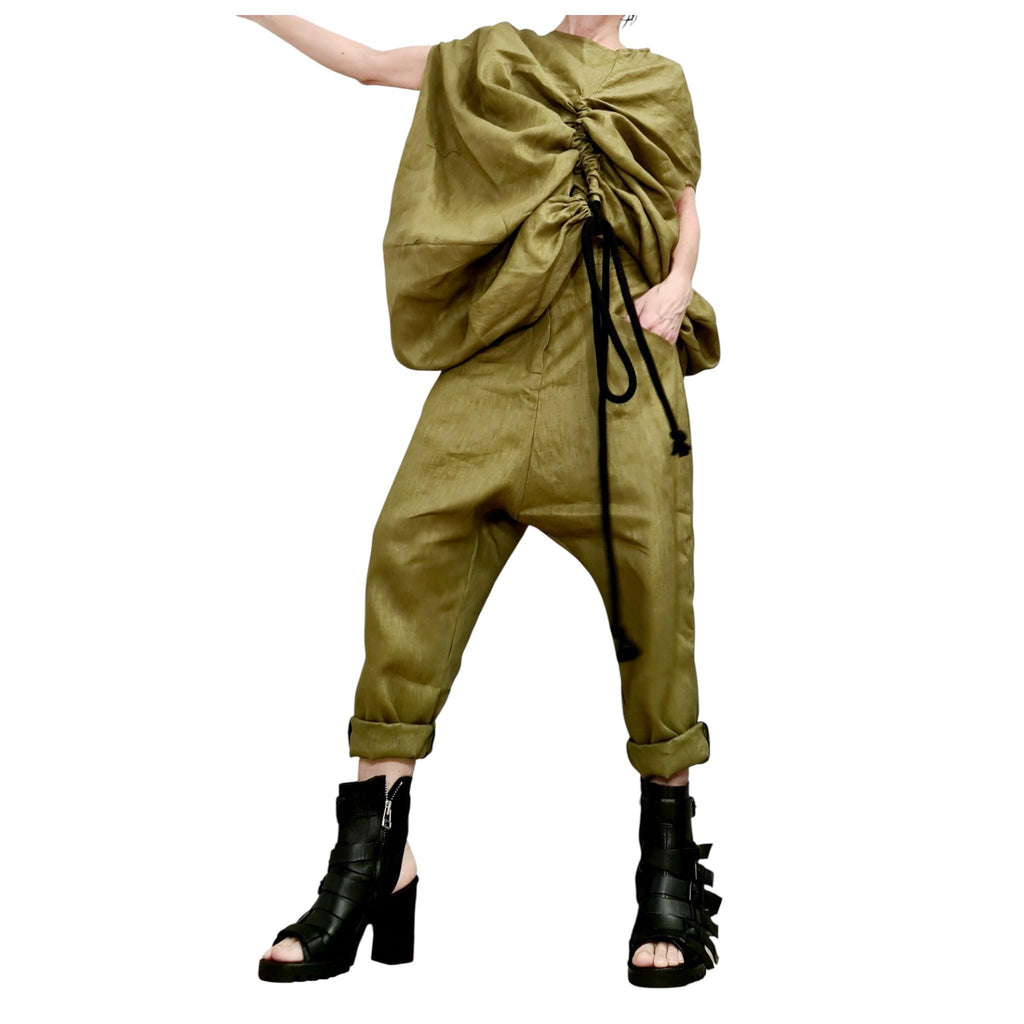 Military Green Linen Set – Avant Garde Drop Crotch Pants and Tunic