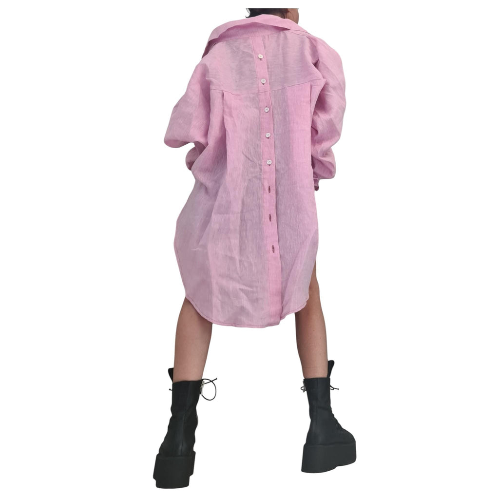 Baby Pink Linen Shirt, Asymmetric Open Back Top, Oversized Tunic, Loose Summer Shirt Women