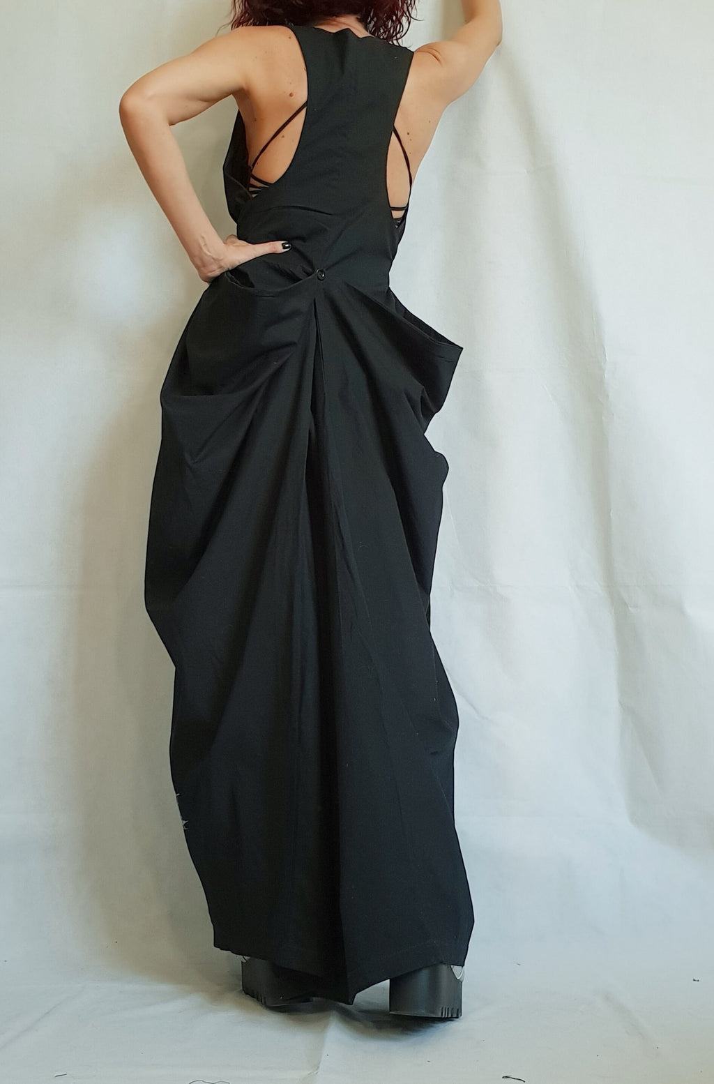 Black Open Back Maxi Dress, Sleeveless Plus Size Kaftan Gothic Dress for Women
