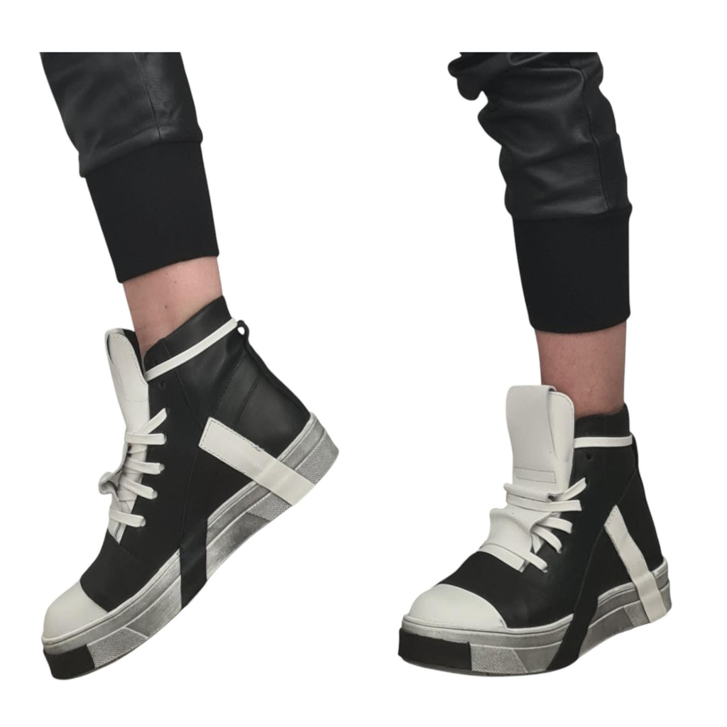 Black White Leather High Top Sneakers, Lace Up Platform Shoes, Handmade Extravagant Footwear
