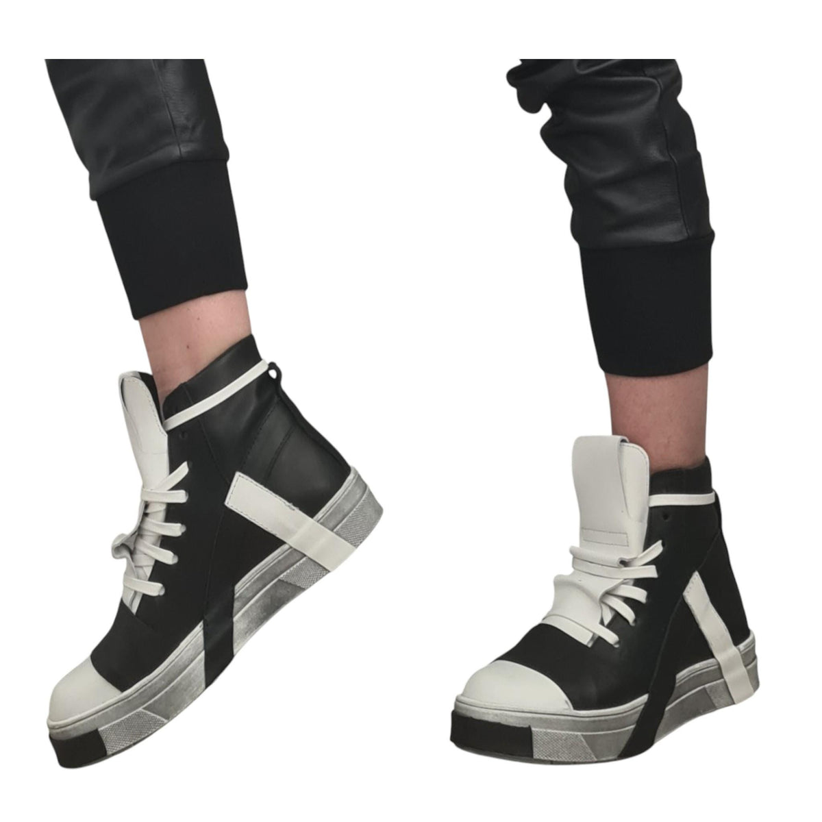 Black White Leather High Top Sneakers, Lace Up Platform Shoes, Handmade Extravagant Footwear