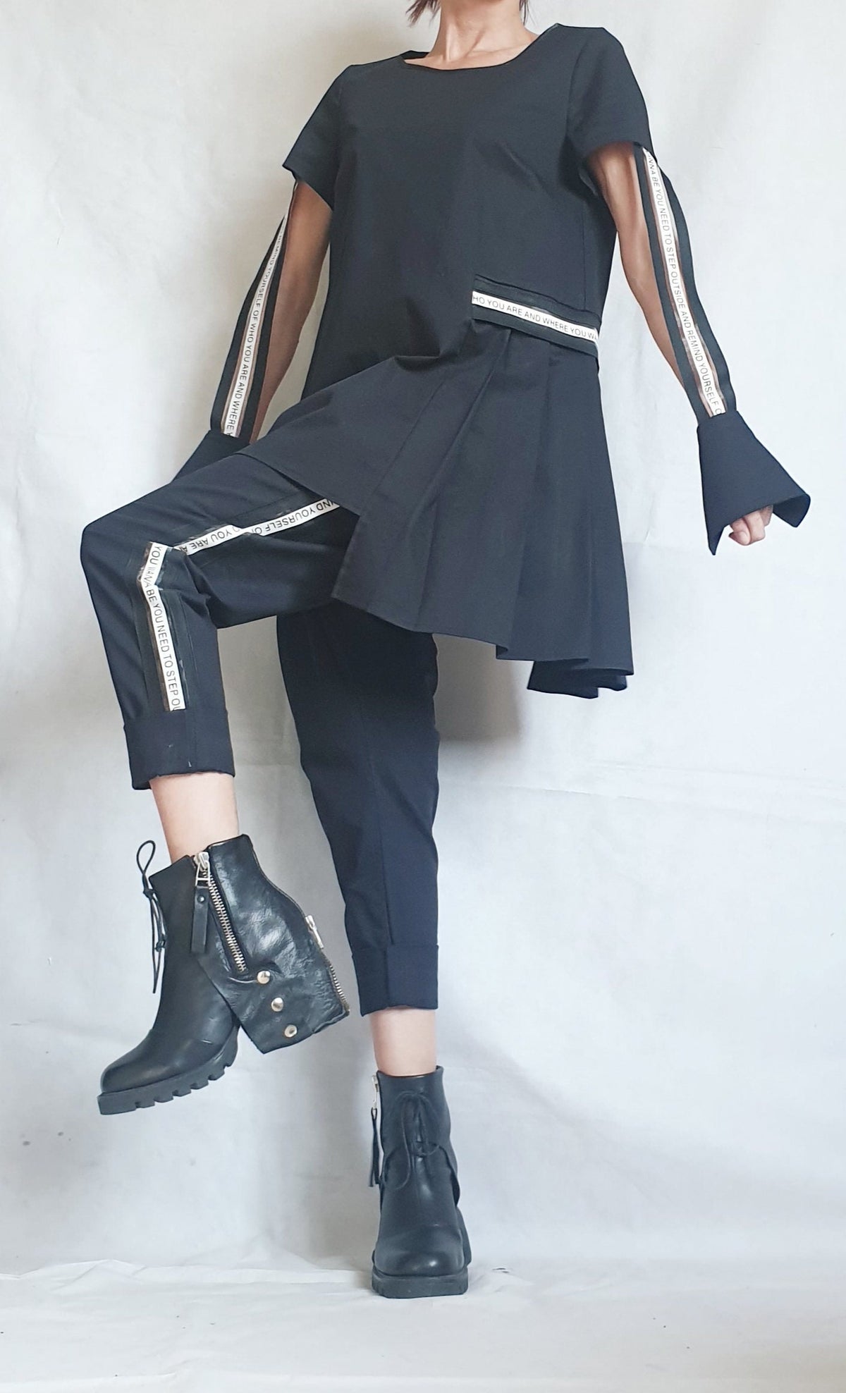 Black Drop Crotch Pants, Asymmetrical Peplum Tunic with Detachable Sleeves, Co-Ord Set