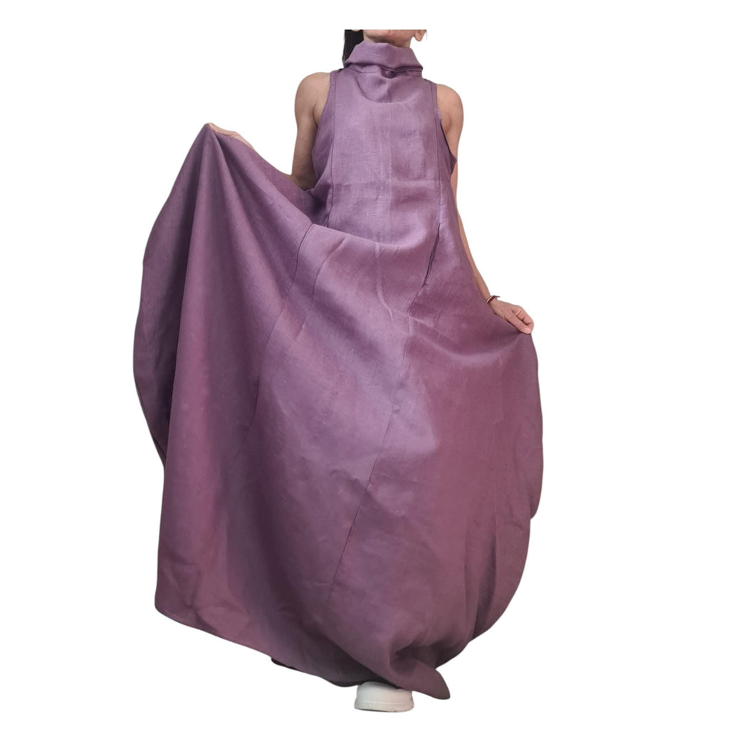 Lavender Linen Maxi Dress, High Neck Sleeveless Balloon Silhouette, Boho Style, Plus Size