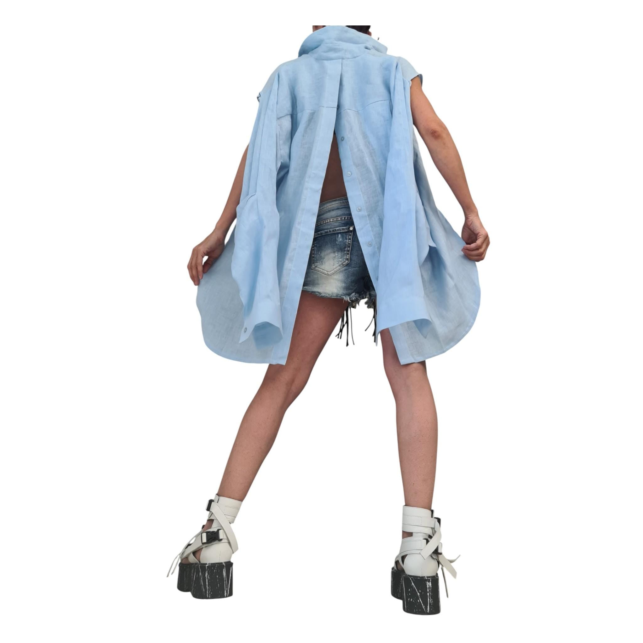 Turquoise Linen Shirt, Avant Garde Top, Asymmetric Oversize Tunic, Open Back Design, Handmade Womenswear