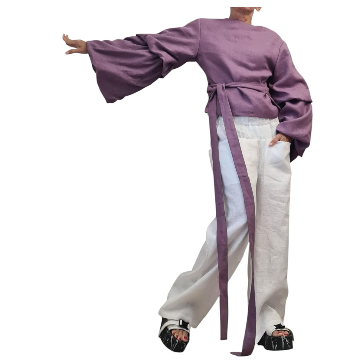 Lavender Linen Wrap Blouse, Reversible Top, Balloon Sleeves, Tie Waist, Oversized Fit, V Neck