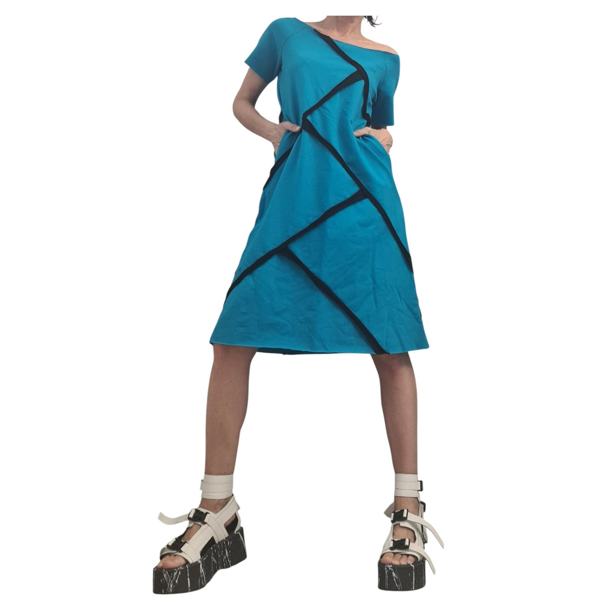 Blue Cotton Tunic Dress, Plus Size Asymmetric Outfit, Short Sleeve Fashion for Women