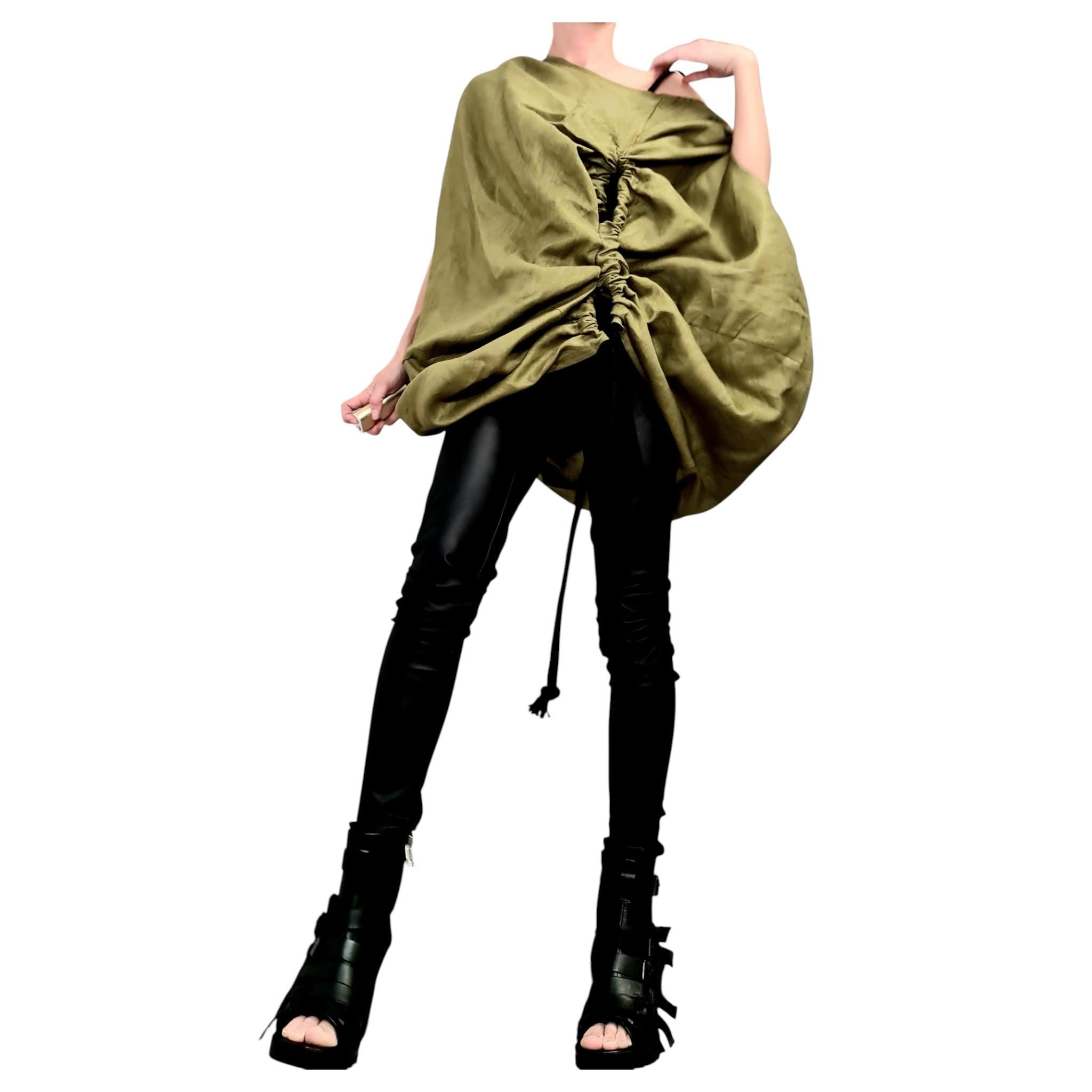 Military Green Linen Tunic, Asymmetric Oversize Top, Adjustable Ruched Kaftan, Plus Size Clothing