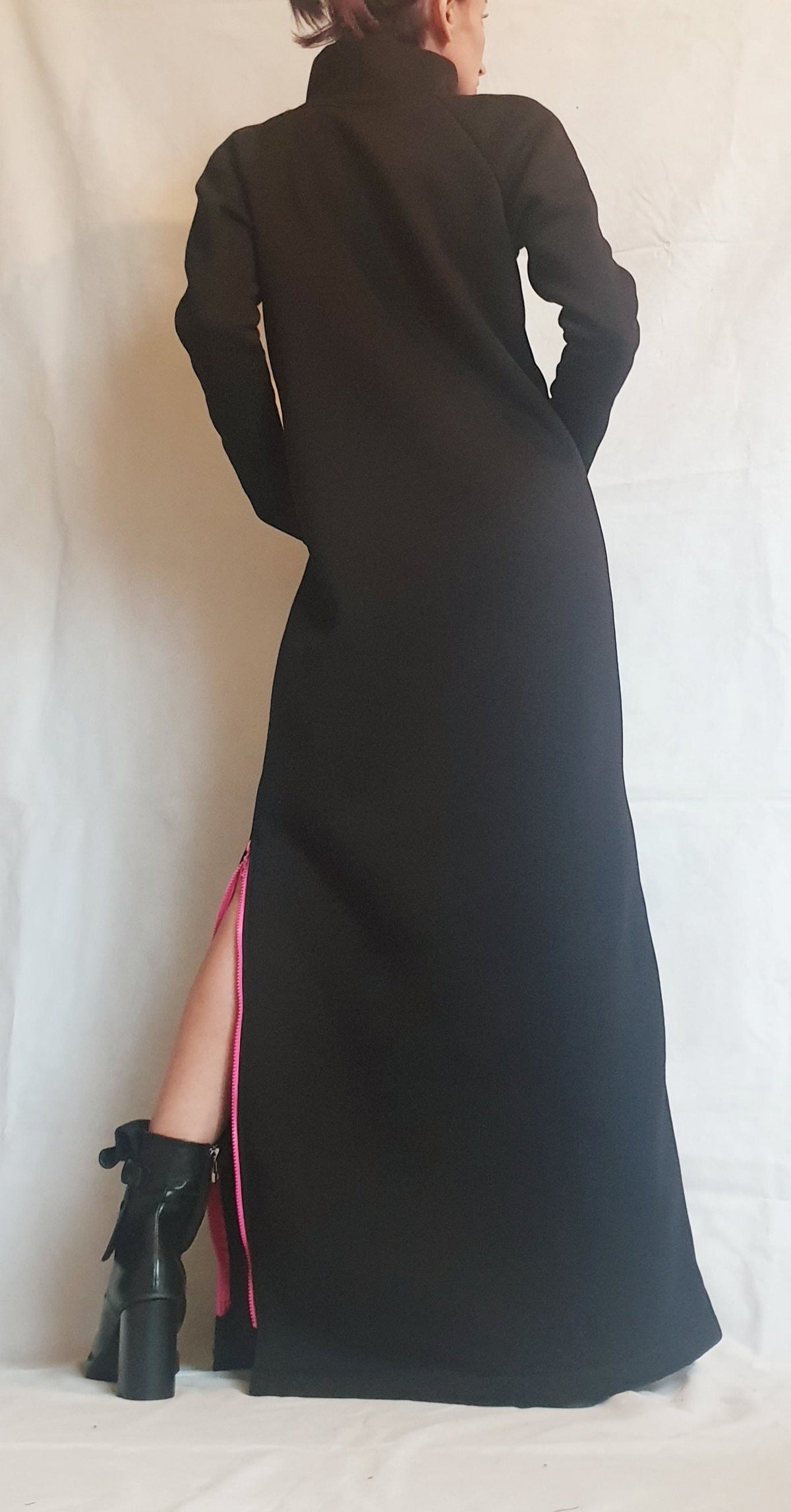 Black Maxi Dress Long Sleeve, Pink Zipper, Handmade Dress for Woman, Plus Size