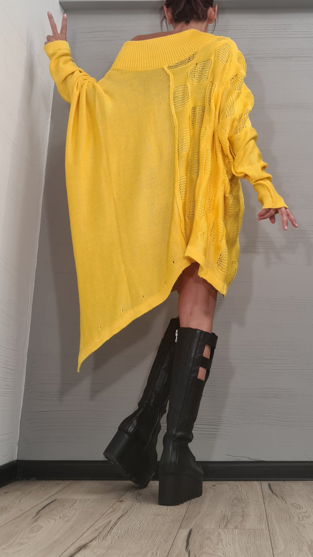 Yellow Asymmetrical Knitted Tunic, Oversized Long Sleeve Sweater, Plus Size Top