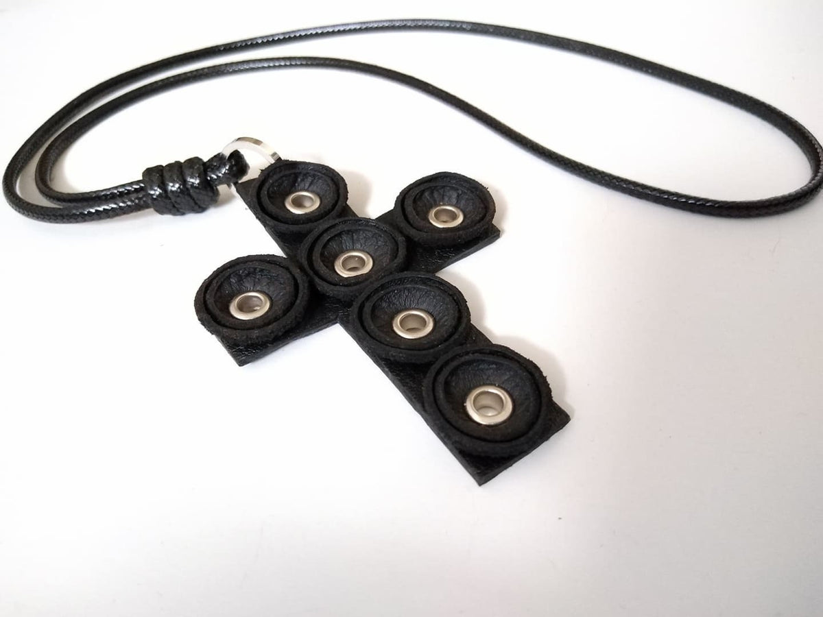 Black Leather Cross Necklace, Gothic Amulet Pendant, Handmade