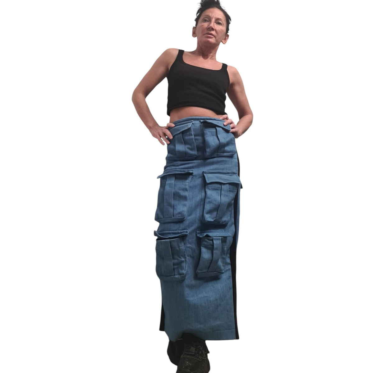 Denim Pencil Dress, Avant Garde Style, Outer Pocket Detail, Cargo Dress for Women