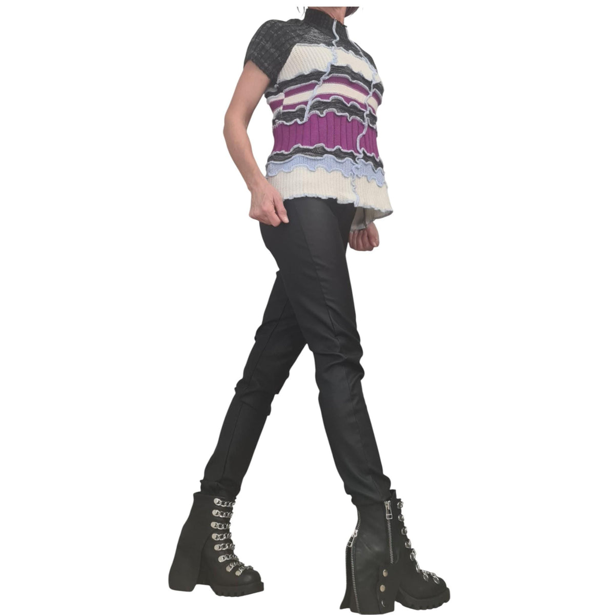 Oversized Striped Patchwork Knitted Blouse, Plus Size, Short Sleeve Sweater