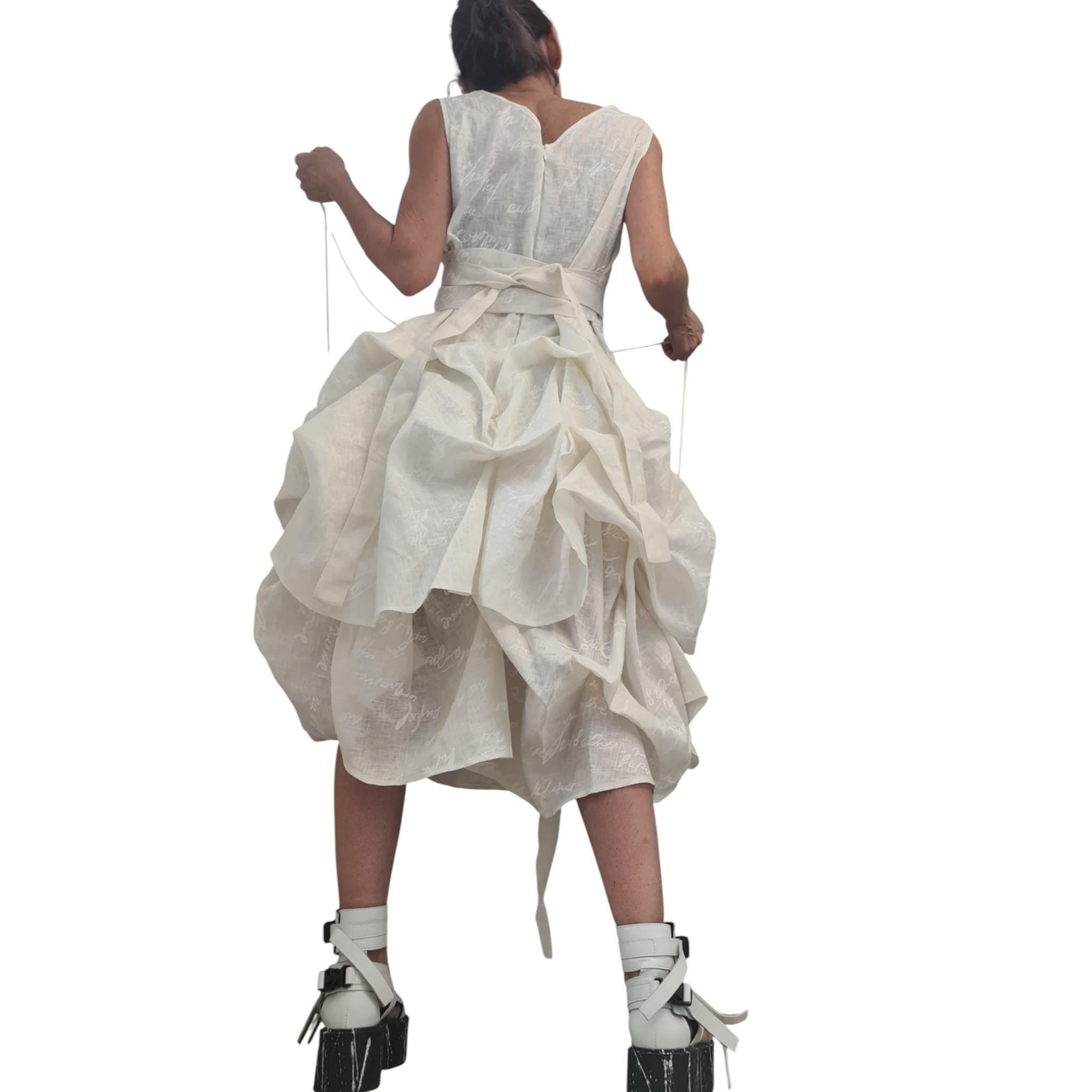 Champagne Linen Asymmetric Dress for Women, Sleeveless Layered Midi Dress, Graphic Sculptural Skirt Avantgarde