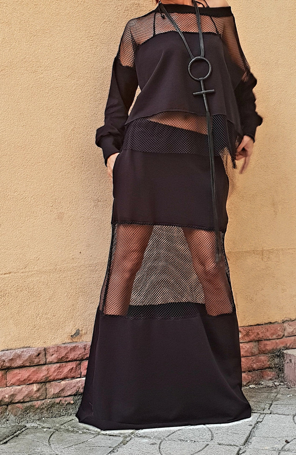 Black Cotton Mesh Panel Maxi Skirt, Off Shoulder Blouse, Two-Piece Co-Ord Set, Plus Size