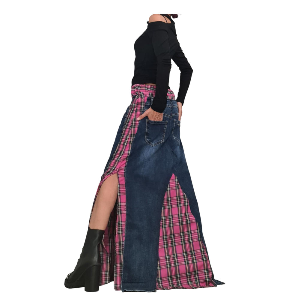 Deconstructed Denim Pink Plaid Maxi Skirt, Avant Garde Cotton Skirt