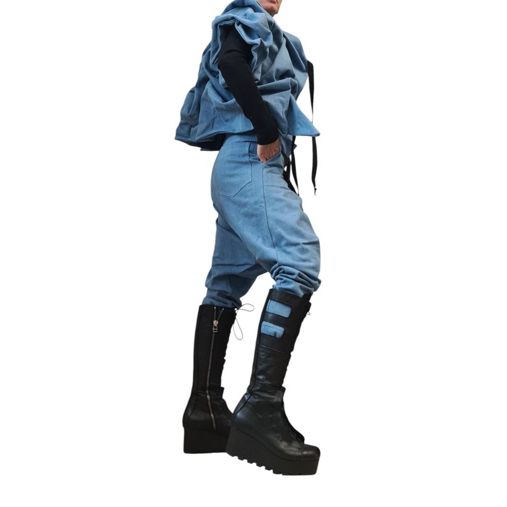 Blue Denim Ruffle Vest, Oversized Sleeveless Jacket, Boho Asymmetric Gilet